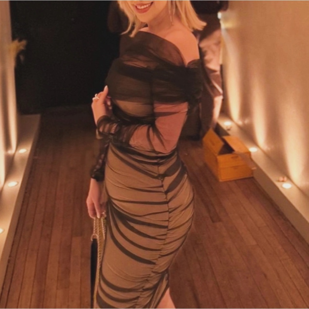 bella barnettChic Black and Tan Long Sleeve Dress